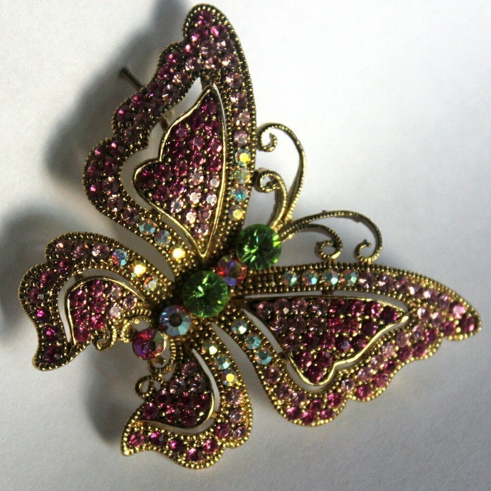 Fushia Light Pink Green Aurora Borealis Crystal Gold Plated Butterfly Brooch Pin - Picture 3 of 5